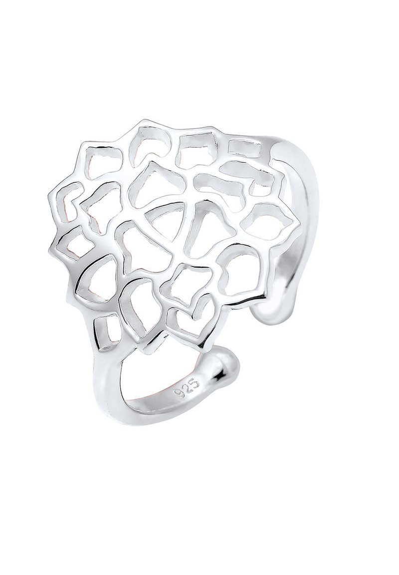 Ring aus Sterling Silber mit einem geometrischen Ausschnitt-Design, glatter Oberfläche, verstellbarem Band und einem Stempel, der die Reinheit von 925 Silber kennzeichnet.