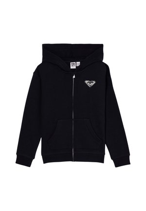 Schwarzer Kapuzenpullover mit Reißverschluss, vorderen Taschen und kleinem weißem Herzlogo auf der linken Brust, mit Kapuze sowie gerippten Bündchen und Saum.
