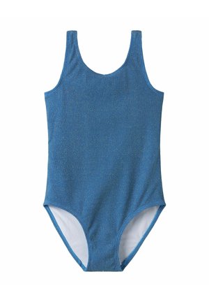 Blåt tekstureret ærmeløst badedragt med rund halsudskæring og moderat benudskæring på hvid baggrund.