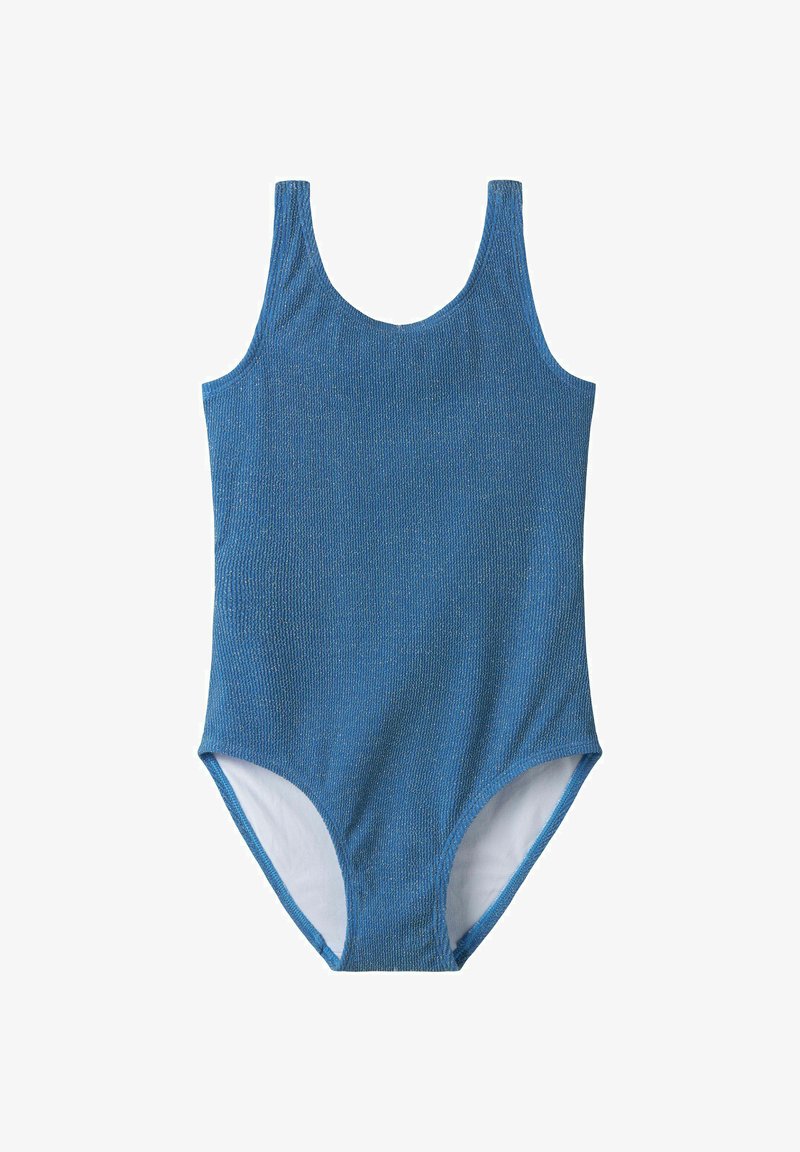 Maillot de bain une pièce sans manches bleu texturé avec encolure dégagée et coupe de jambe modérée sur fond blanc.