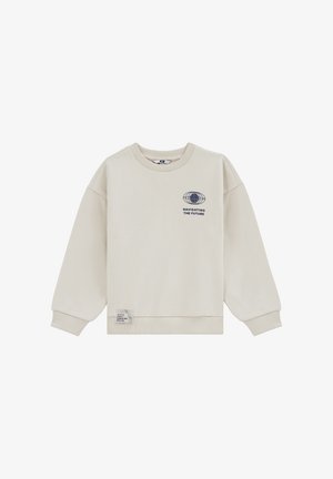 Beige langærmet sweatshirt med ribstrikkede manchetter og krave, med et globuslogo og teksten "Navigating the Future" på brystet.
