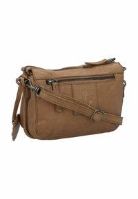 Borsa a tracolla in pelle marrone chiaro con apertura a zip, tracolla regolabile e logo a forma di ancora stampato. Texture liscia con design minimalista.