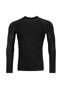 Black long-sleeve base layer made of textured fabric. Features a round neckline and fitted sleeves with subtle mesh accents.