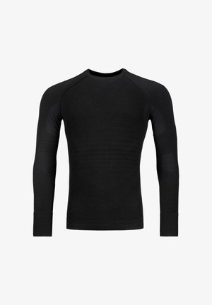Black long-sleeve base layer made of textured fabric. Features a round neckline and fitted sleeves with subtle mesh accents.