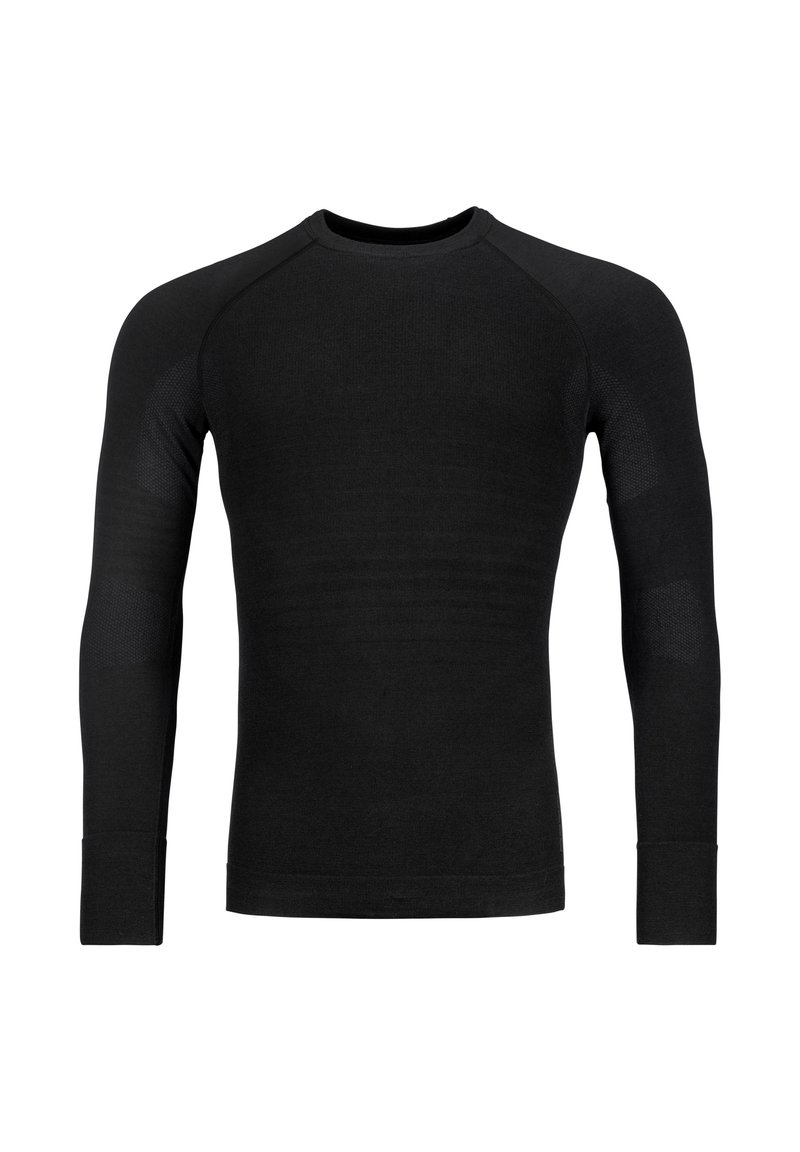 Black long-sleeve base layer made of textured fabric. Features a round neckline and fitted sleeves with subtle mesh accents.