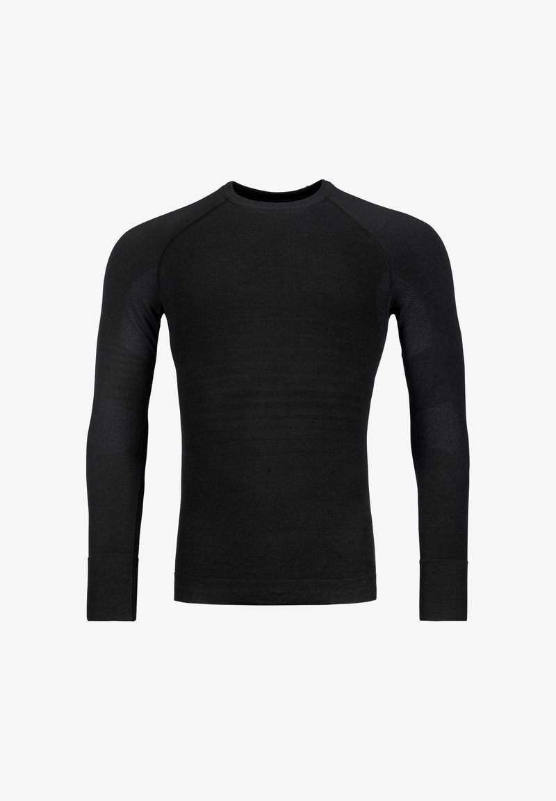 Black long-sleeve base layer made of textured fabric. Features a round neckline and fitted sleeves with subtle mesh accents.