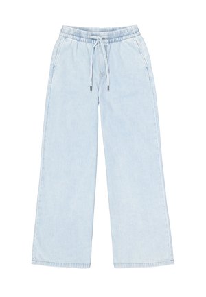 Lichtblauwe denim wijde broek met een elastische tailleband en trekkoord. Gladde textuur en rechte snit, met zijzakken.