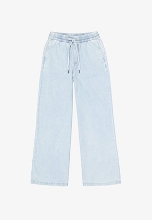 Lichtblauwe denim wijde broek met een elastische tailleband en trekkoord. Gladde textuur en rechte snit, met zijzakken.
