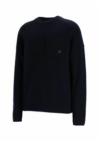 Felpa a maniche lunghe blu navy con scollo rotondo e taschino sul petto, realizzata in tessuto morbido con polsini e orlo a costine.