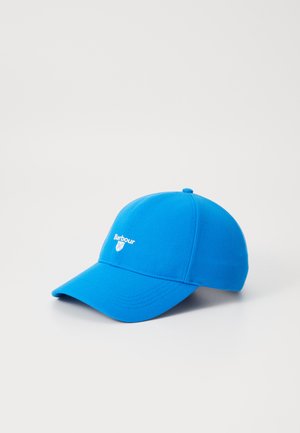 Blue baseball cap made of cotton with curved visor. Features embroidered logo and eyelets for ventilation. Structured crown design.