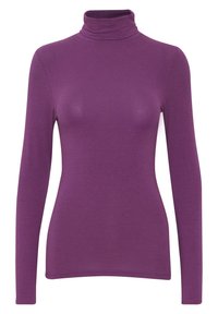 Lila långärmad polokrage topp i mjukt, strukturerat tyg. Har en figurnära design och slät yta, med hög krage.