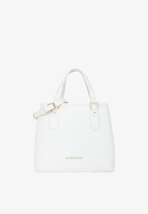 Sac à main Valentino blanc avec doubles poignées, bandoulière réglable et détails en métal doré sur fond uni.
