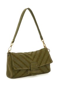 Borsa a spalla verde oliva con motivo a zigzag, chiusura a patta, manico superiore e dettagli in oro.