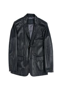 Svart läderblazer med slagkrage, två knappar och lappärmar. Inuti finns ett mönstrat foder med blå och vita detaljer.