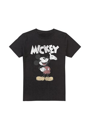 Black cotton t-shirt featuring a vintage Mickey Mouse graphic in white and red, with yellow shoes and a classic cartoon style.