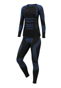 Schwarzes thermisches Activewear-Set bestehend aus einem langärmligen Oberteil und enganliegenden Leggings mit blauen Akzenten und strukturierten Mustern für verbesserte Atmungsaktivität.