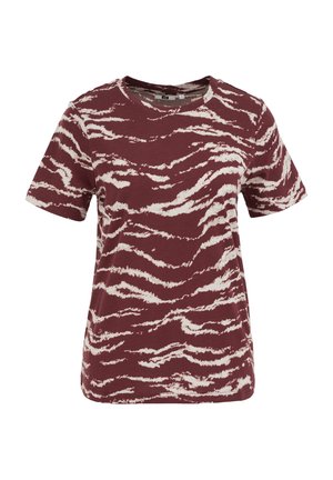 T-shirt met korte mouwen en ronde hals, met een bordeauxrode en witte abstracte tijgerstreepprint, gemaakt van gestructureerde stof.