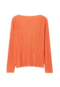 Top a maniche lunghe plissettato in un vivace arancione, con un ampio scollo e una vestibilità ampia, realizzato in un tessuto texturizzato per un maggiore interesse visivo.