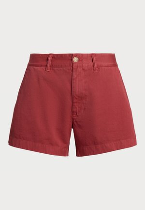 Rote Baumwollshorts mit geradem Schnitt, ausgestattet mit einem Knopfverschluss vorne, Gürtelschlaufen und einem Saum, der knapp über dem Knie endet.