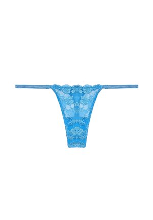 Blauwe kant thongs met bloemmotieven en delicate afwerking. Het ontwerp heeft dunne zijkanten en een semi-transparante afwerking.