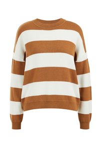 Brun och krämrandig stickad tröja med rundad halsringning, långa ärmar och ribbade muddar. Mjuk textur med avslappnad passform.