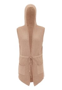 Gilet senza maniche lavorato a maglia beige con un motivo a griglia testurizzato, apertura frontale, vita con lacci e due tasche frontali.