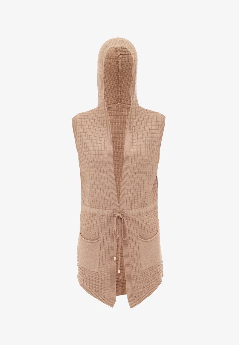Beige gestrickte ärmellose Hoodie-Weste mit einem strukturierten Karomuster, offener Vorderseite, Kordelzug in der Taille und zwei vorderen Taschen.