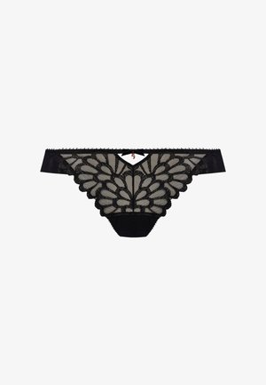 Black lace thong with a floral pattern, featuring a keyhole detail at the front and a decorative bow, accentuated by scalloped edges.