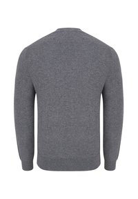 Szary, długi sweter z okrągłym dekoltem, z ribbowym wykończeniem u dołu i przy mankietach, pokazany z tyłu na białym tle.