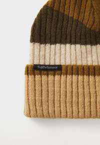 Gebreide muts in bruin, beige en donkergroene strepen. Heeft een geribbelde textuur en een zwart label met "PeakPerformance" op de omslag.