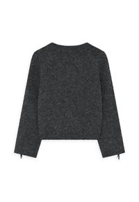 Mørkegrå cropped sweater med lange ærmer, lavet af blødt tekstureret stof. Har en rund halsudskæring og snøre detaljer ved ærmeslutterne.