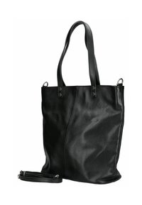 Borsa tote in pelle nera con texture liscia, dotata di due maniglie e una tracolla regolabile. Dettagli di cucitura notevoli sulla parte anteriore.