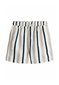 Bañador corto a rayas con franjas verticales en negro, blanco y rosa claro, con cintura elástica y cordón para ajustar.