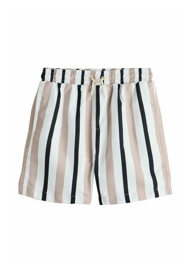 Bañador corto a rayas con franjas verticales en negro, blanco y rosa claro, con cintura elástica y cordón para ajustar.