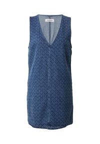 Mouwloze denim jurk in donkerblauw met een V-hals, voorzien van een textuurpatroon en een recht model, dat boven de knie eindigt.