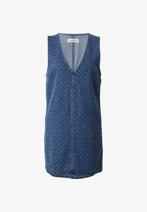 Mouwloze denim jurk in donkerblauw met een V-hals, voorzien van een textuurpatroon en een recht model, dat boven de knie eindigt.