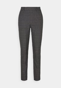 Pantalon à motif à carreaux foncé, avec une coupe ajustée, des passants de ceinture et une texture lisse. Couleur principalement grise avec des accents subtils.