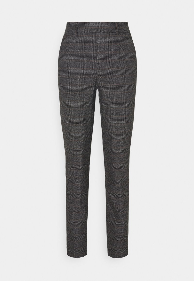 Pantalon à motif à carreaux foncé, avec une coupe ajustée, des passants de ceinture et une texture lisse. Couleur principalement grise avec des accents subtils.