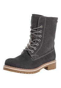 Graue Wildleder-Ankleboots mit runder Zehenpartie, weißen Nähten, grauen Schnürsenkeln und einer strapazierfähigen Gummisohle. Mit Metallösen zum Schnüren.