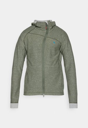 Green zip-up hoodie with a textured finish, gray inside collar, and contrasting gray cuffs. Features a small blue logo on the chest.