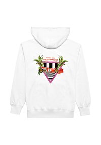 Felpa bianca con grafica sul retro di una macchina da corsa rossa, bandiera a scacchi, palme, fiori e testo "Pas de Monaco" in rosso sopra.