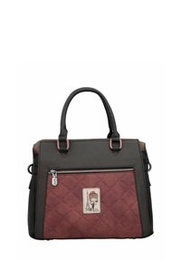 Zwarte en bordeauxrode handtas met een geruite textuur, voorzien van dubbele handvatten, een voorvak met rits en een decoratieve cartoonpatch.