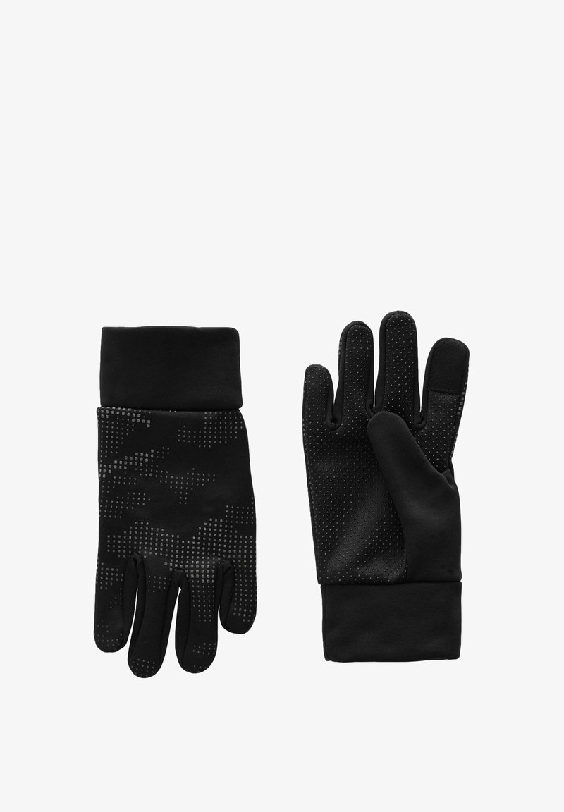 Sorte handsker med tekstureret greb på håndfladerne og fingrene, en tætsiddende strikket manchet og et diskret mønster på toppen for bedre greb.