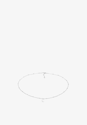 Sudraba ķēdes kaklarota ar mazām pērlītēm un pusmēness piekariņu, ar delikātu, minimālistisku dizainu un regulējamu aizdari.