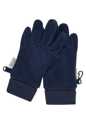 Pair of dark blue fleece gloves with ribbed cuffs and small black clips attached near the wrist tags for fastening or hanging.