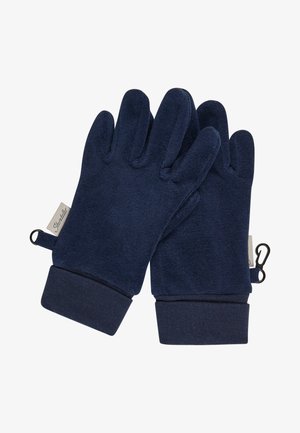 Pair of dark blue fleece gloves with ribbed cuffs and small black clips attached near the wrist tags for fastening or hanging.