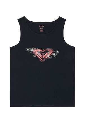 Schwarzes ärmelloses Shirt mit pinkem Herzlogo und weißen Blumenakzenten, mittig auf der Brust, aus Bio-Baumwolle, Größe 10/M.