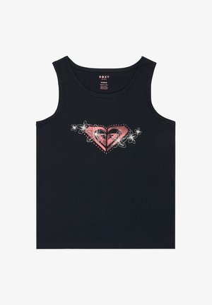 Sort ærmeløs skjorte med pink hjerte-logo og hvide blomsterdetaljer centreret på brystet, lavet af økologisk bomuld, størrelse 10/M.