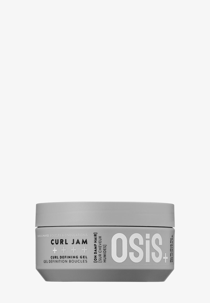Osis+ Curl Jam Lockendefinierendes Gel in einem runden grauen Behälter mit schwarzem und weißem Text, entwickelt für feuchtes Haar und Lockendefinition.