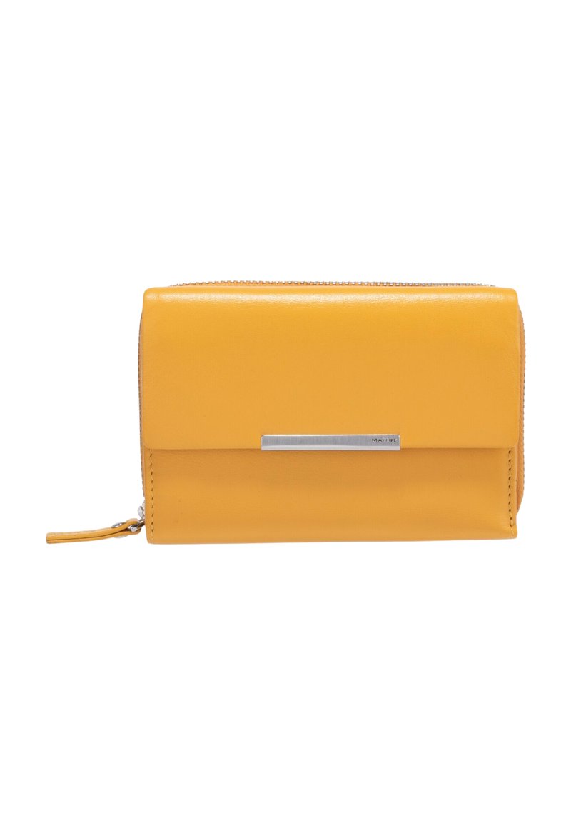 Bright yellow wallet with a sleek design, featuring a silver accent on the front and a zipper closure, displayed against a white background.
